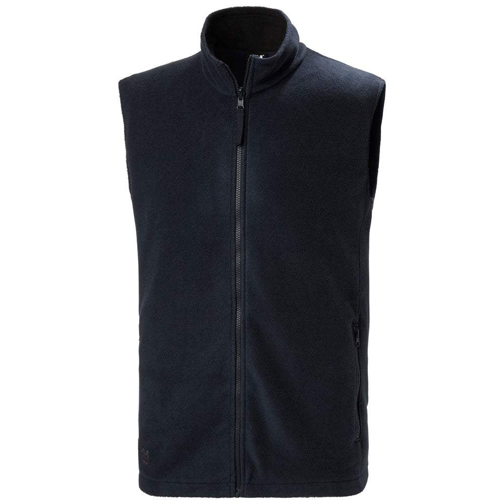 Sleeveless fleece vest front view with full zip, stand collar, dark color