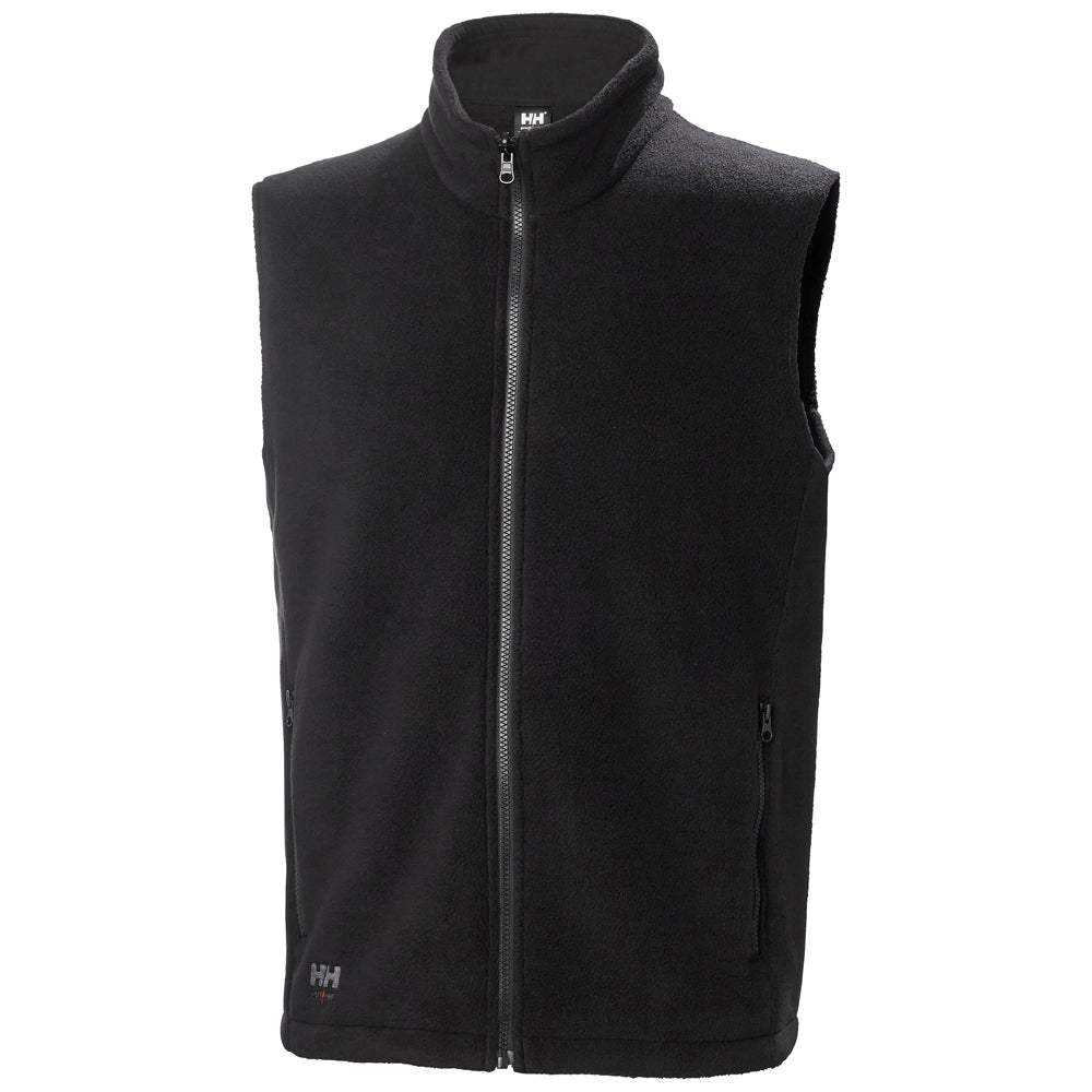 Sleeveless fleece vest back view with full zip and stand collar, dark color