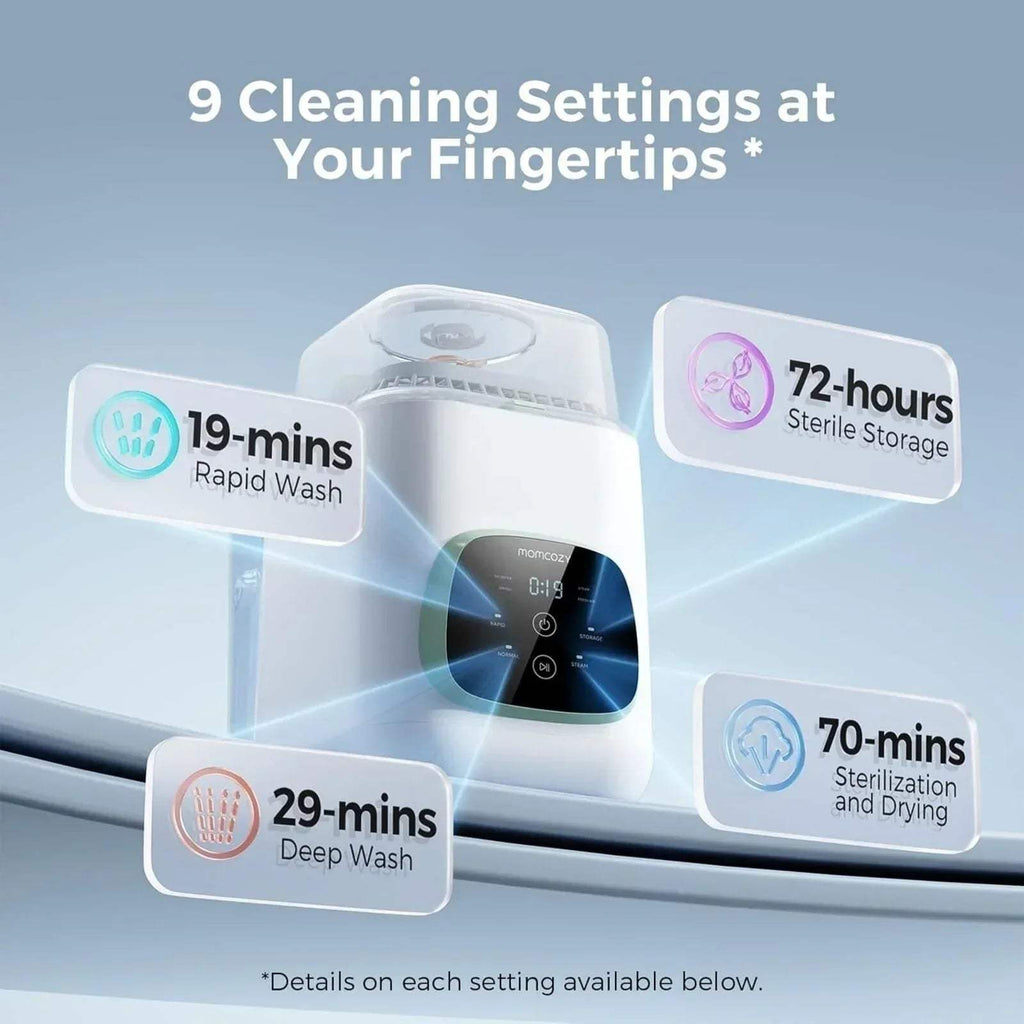 Momcozy baby bottle washer steriliser dryer showing front display and settings icons