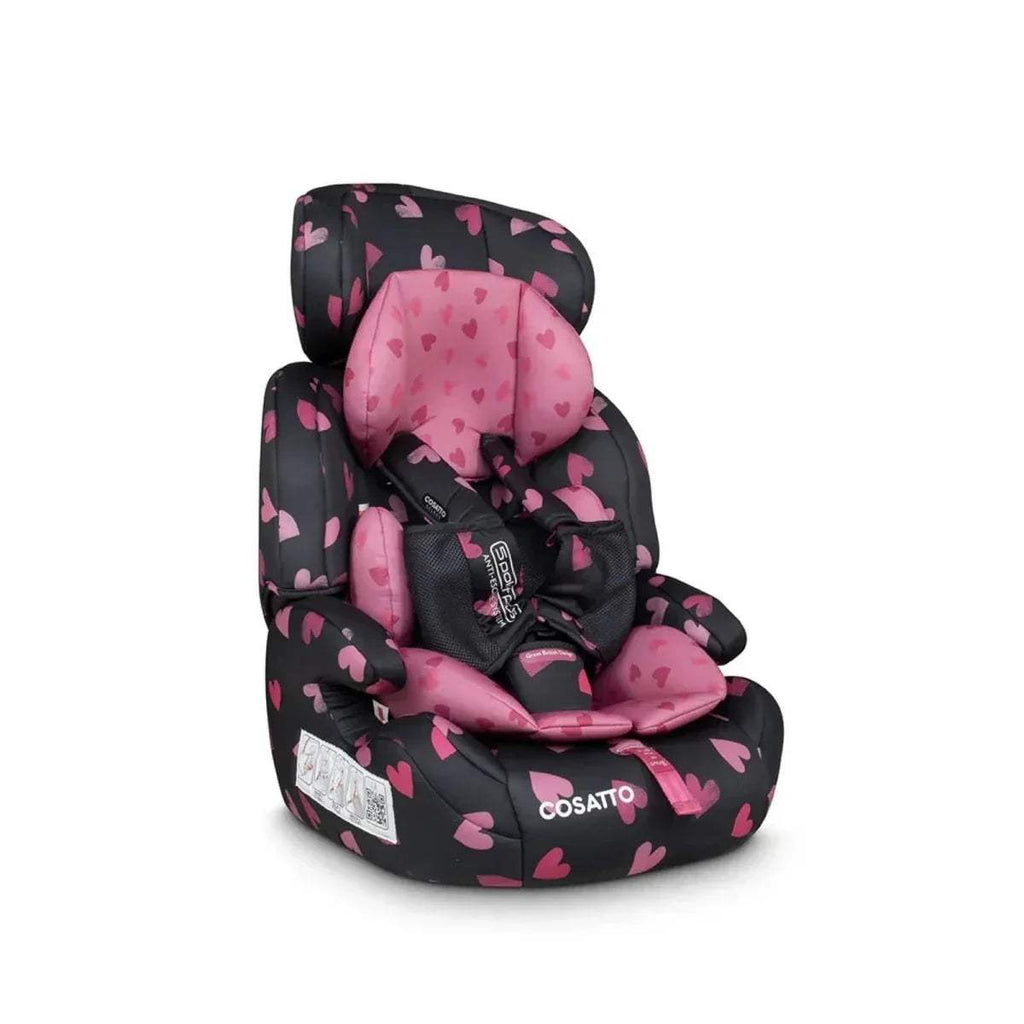 Charcoal child car seat with pink heart print, recline cushion and integrated harness