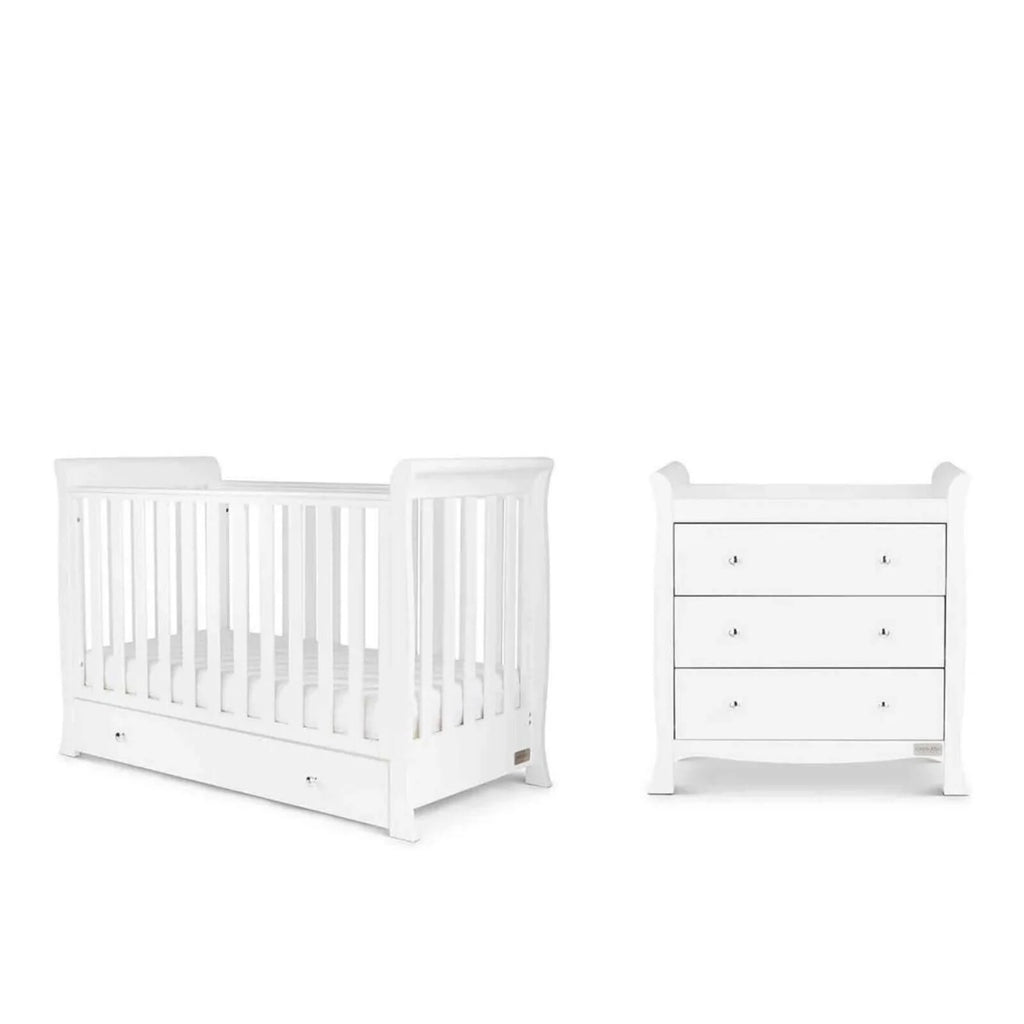 Ickle Bubba white mini cot and matching dresser with three drawers