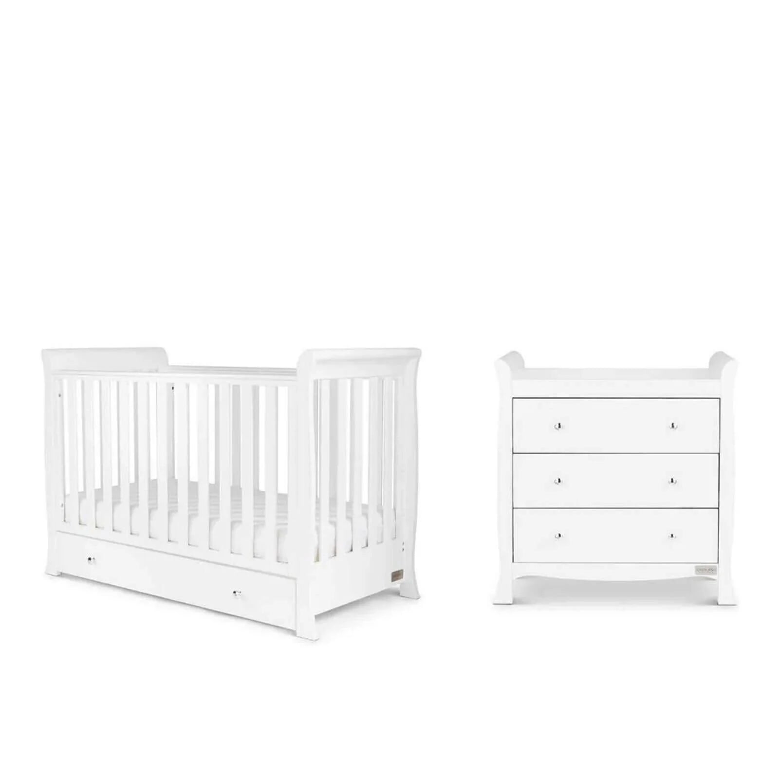 Ickle Bubba white mini cot and matching dresser with three drawers