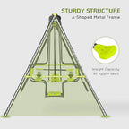 Green metal swing set with A-frame stand, two rope swings, and glider platform.