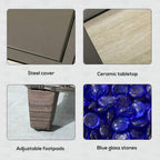 Fire pit table details: steel cover, ceramic tabletop, adjustable footpads, blue glass stones