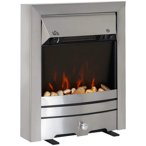 Stainless steel electric fireplace stove with LED flame effect and pebble bed, front view