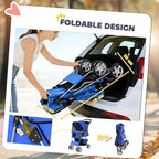 Blue foldable pet stroller with compact frame and canopy, shown in open car trunk