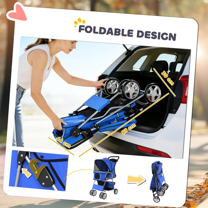 Blue foldable pet stroller with compact frame and canopy, shown in open car trunk
