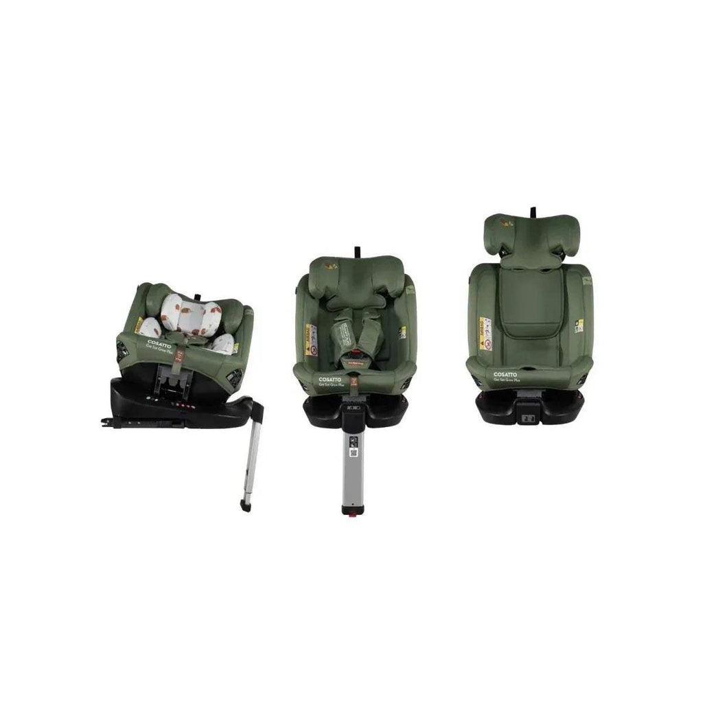 Olive-green car seat shown from front, side, and rear views on black base with legs