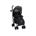 Black stroller with patterned canopy, quilted footmuff, and 4 front wheels