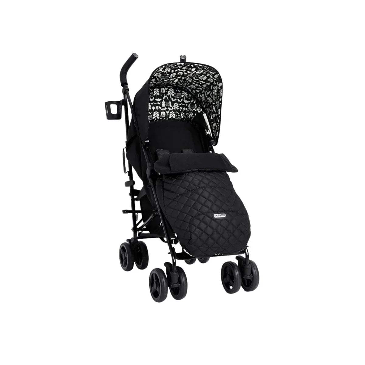 Black stroller with patterned canopy, quilted footmuff, and 4 front wheels