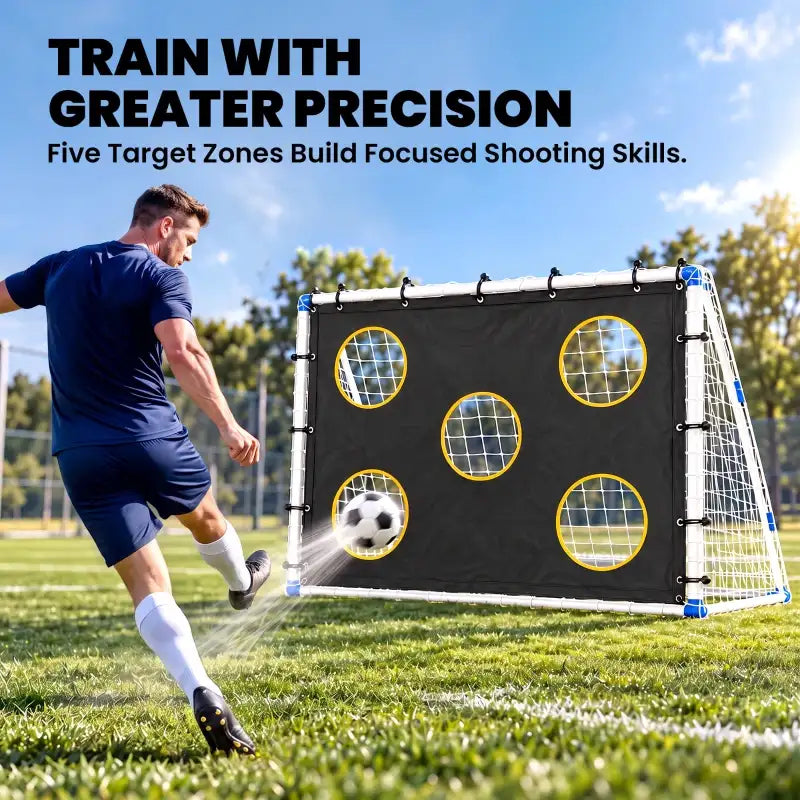 Portable football practice net with black target cloth and five yellow-ring target circles