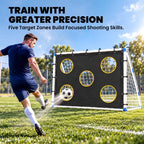Portable football practice net with black target cloth and five yellow-ring target circles