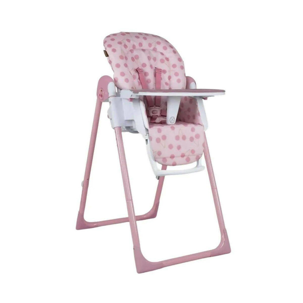 Infant highchair with pink frame, white tray, and cherry pattern padded seat
