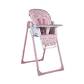 Infant highchair with pink frame, white tray, and cherry pattern padded seat