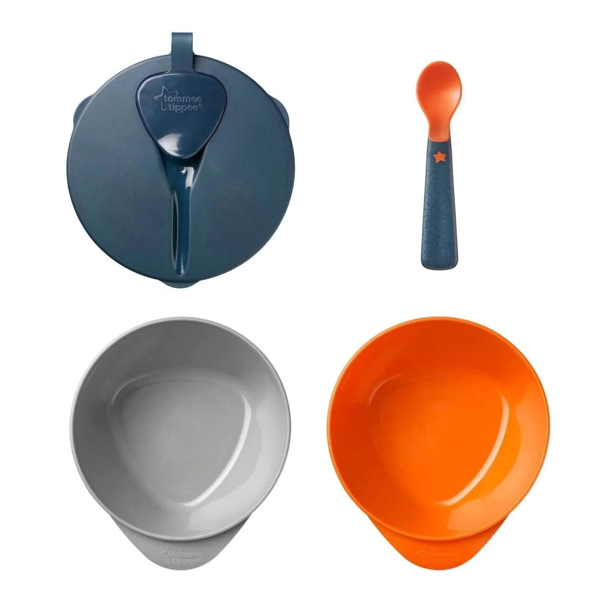 Baby feeding bowl set components: dark blue lid with spoon, gray and orange bowls