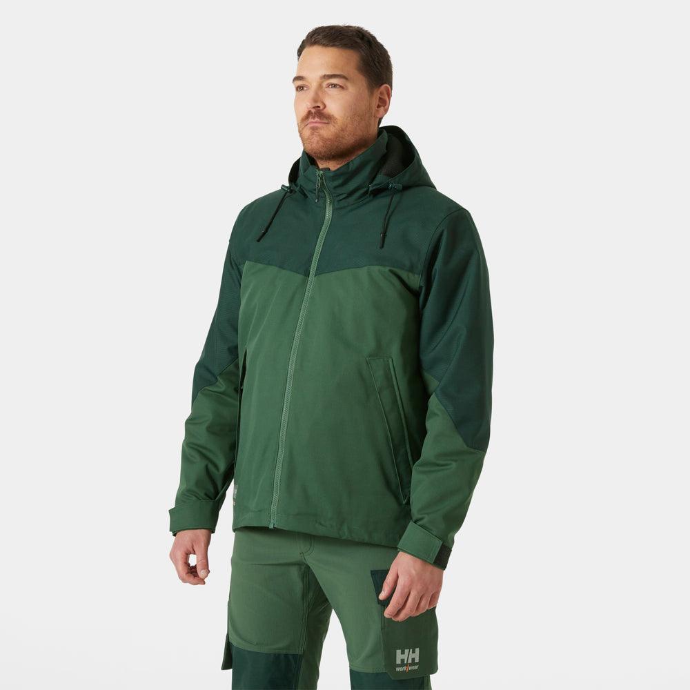 Waterproof winter jacket in dark green with hood, full zip, and long sleeves
