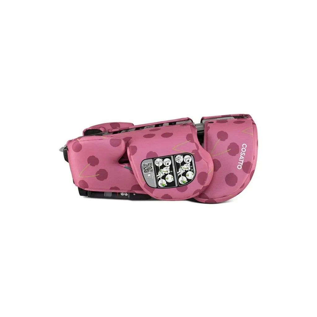 Cherry Pie patterned child car seat close side view with harness pad and printed label