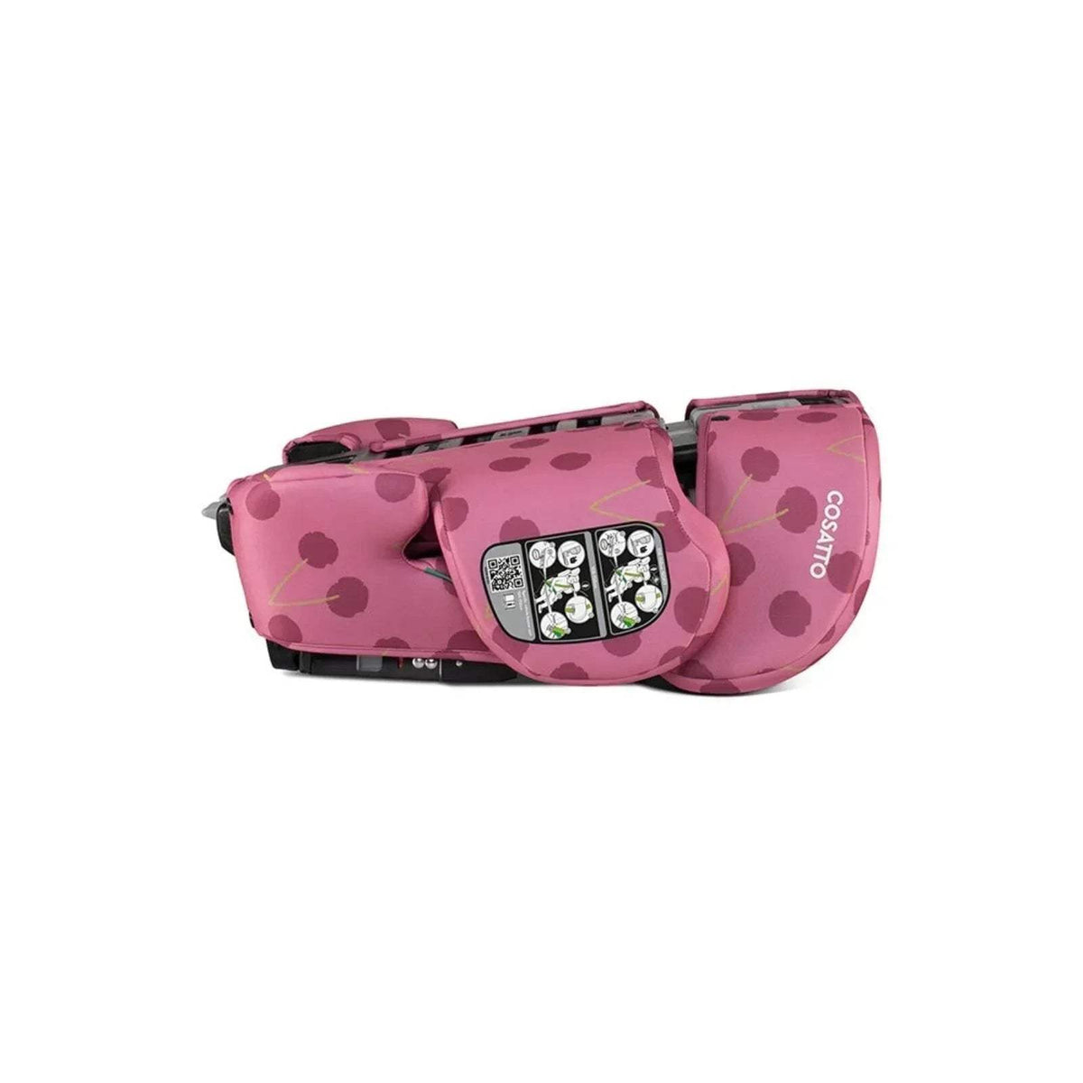 Cherry Pie patterned child car seat close side view with harness pad and printed label