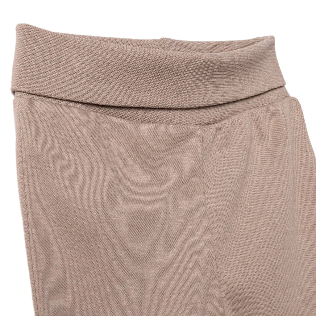 Taupe footed pants with elastic waistband and clean leg seams