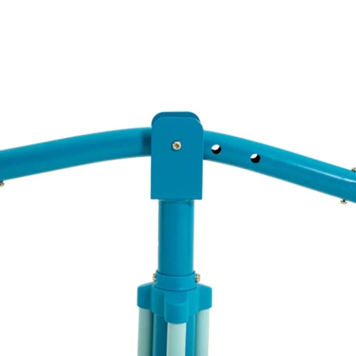 Close-up of blue support post with curved bar and mounting bolts