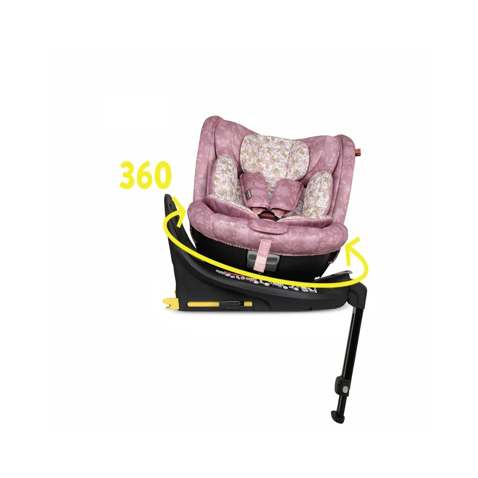Pink patterned 360° rotating car seat on black base with yellow rotation arrows