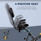 Exercise bike with adjustable 4-position seat and padded backrest on black and yellow frame