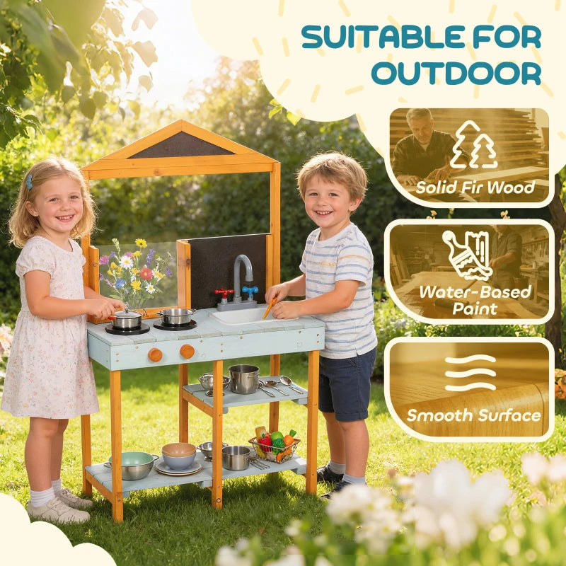 Outdoor kids wooden play kitchen with sink, stove burners, and side shelves