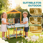 Outdoor kids wooden play kitchen with sink, stove burners, and side shelves