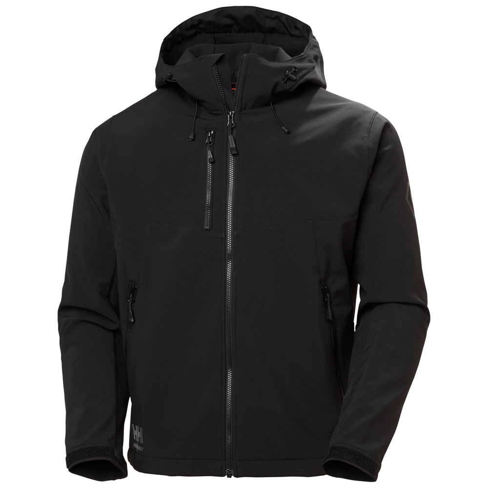 Hooded softshell jacket, black; back view with fixed hood and center front zipper