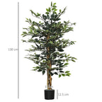 Tall artificial ficus tree with green leaves, brown trunk, and black planter pot