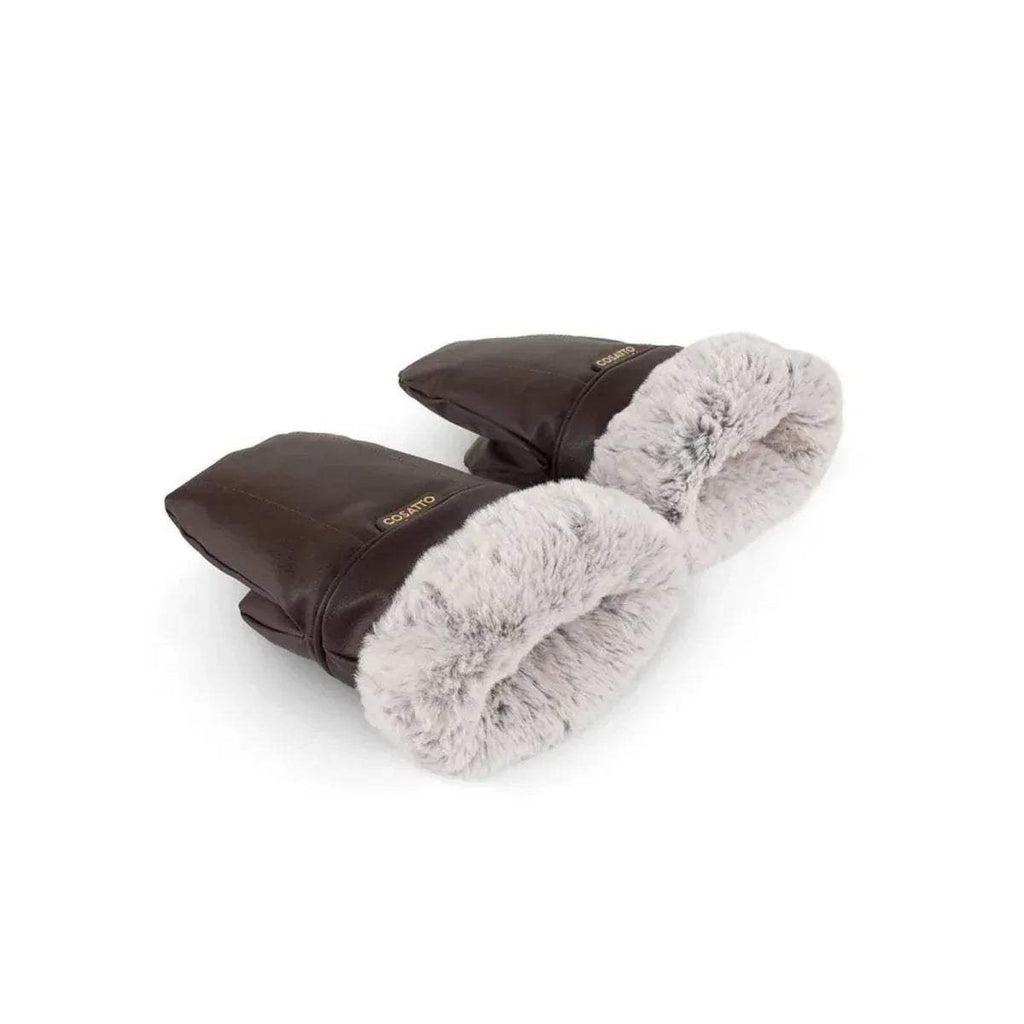 Brown heated snuggle mitts folded open, showing plush faux-fur lining