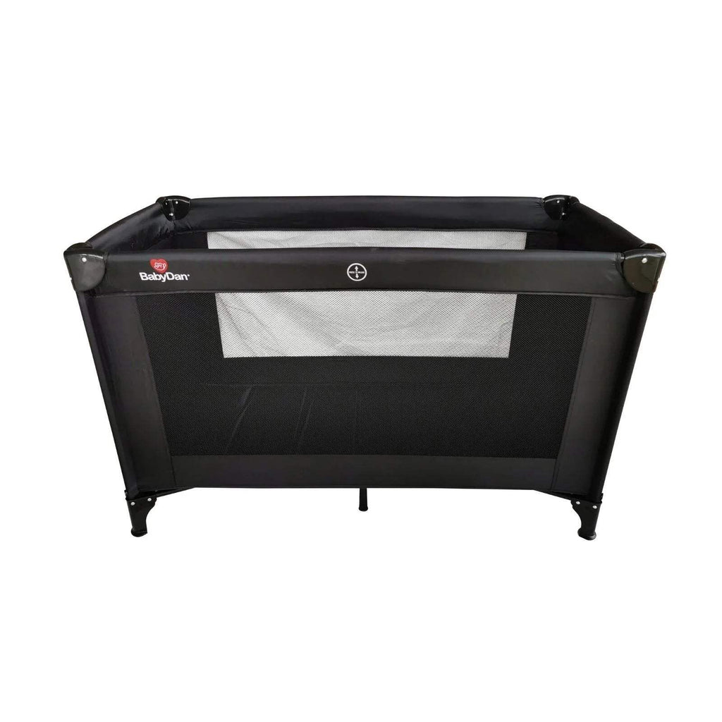 Black travel cot with mesh side panel, padded base, and four foldable legs