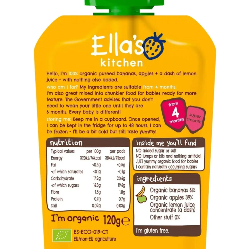 Ella's Kitchen bananas & apples puree pouch back, nutrition and ingredients, 120g