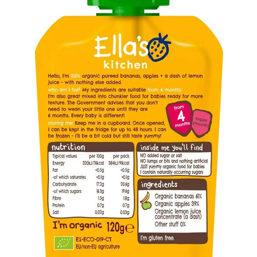 Ella's Kitchen bananas & apples puree pouch back, nutrition and ingredients, 120g