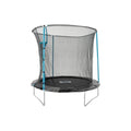 8 ft round trampoline with black safety net, blue poles, and gray frame legs