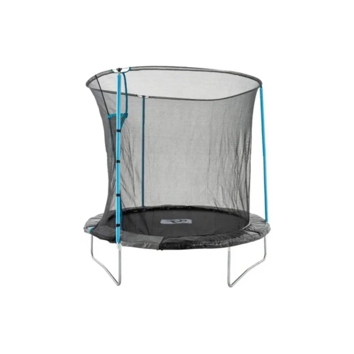 8 ft round trampoline with black safety net, blue poles, and gray frame legs