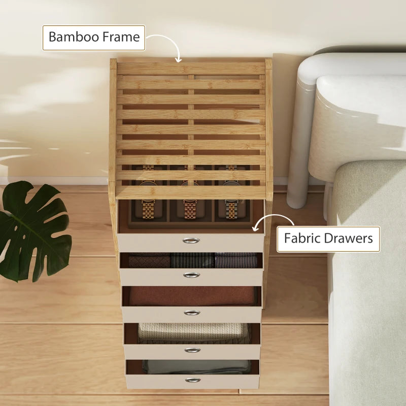 Bamboo-framed organizer chest with five cream fabric drawers and open front storage rows