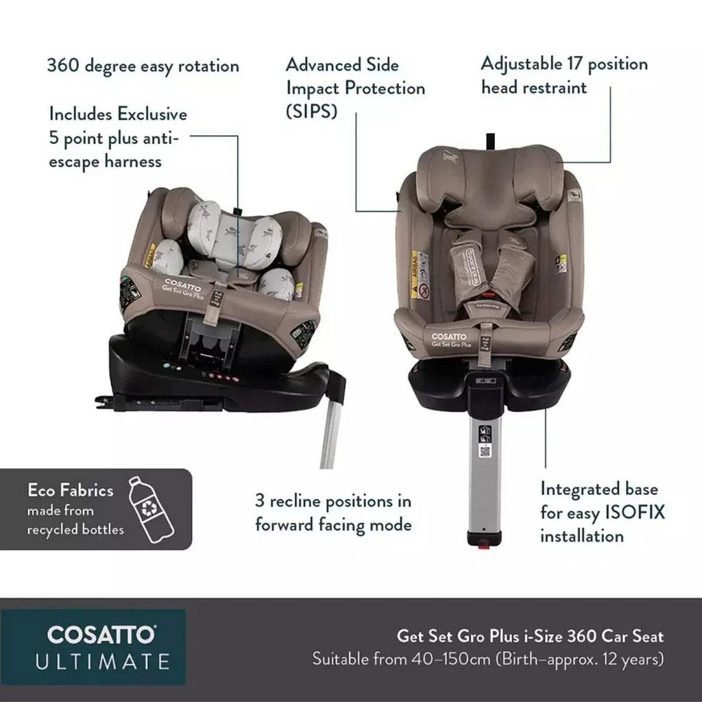 Group 0-1-2-3 car seat in taupe and black with adjustable headrest and ISOFIX base