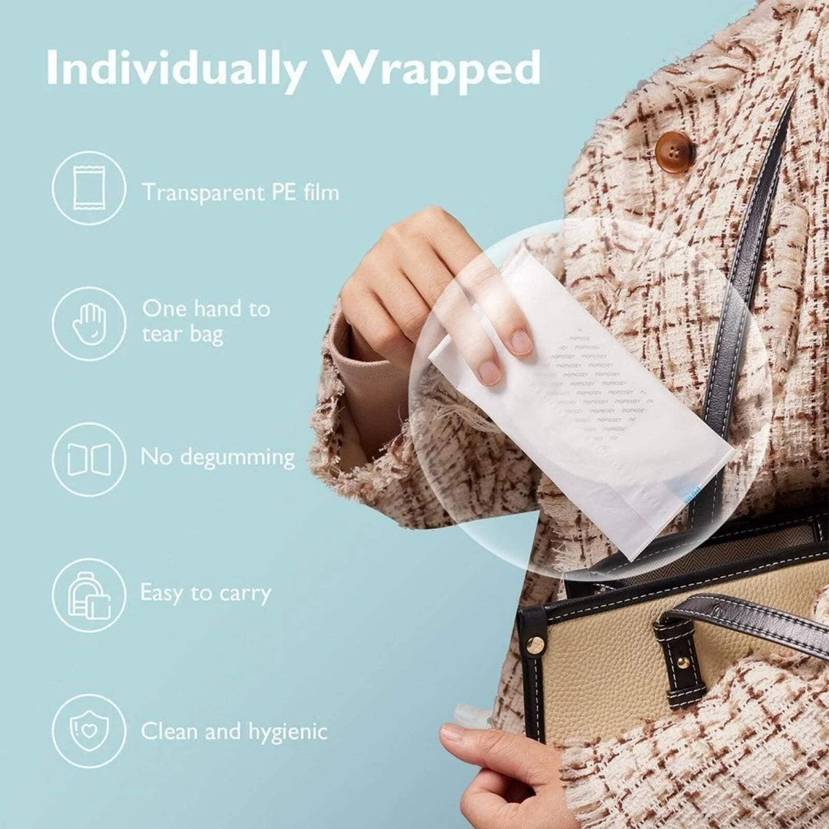 Individually wrapped disposable nursing pads; white pads shown in folded PE film