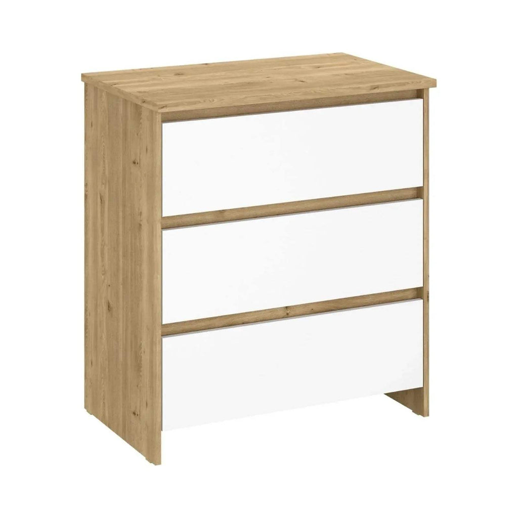 Light oak and white baby changing unit with three drawer fronts and flat top