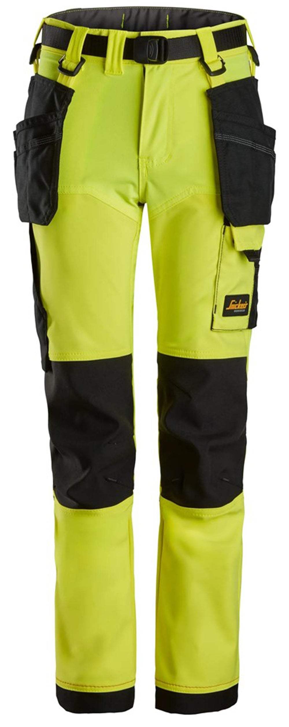 Junior work trousers in neon yellow with black cargo pockets, belt loops, and cuffs