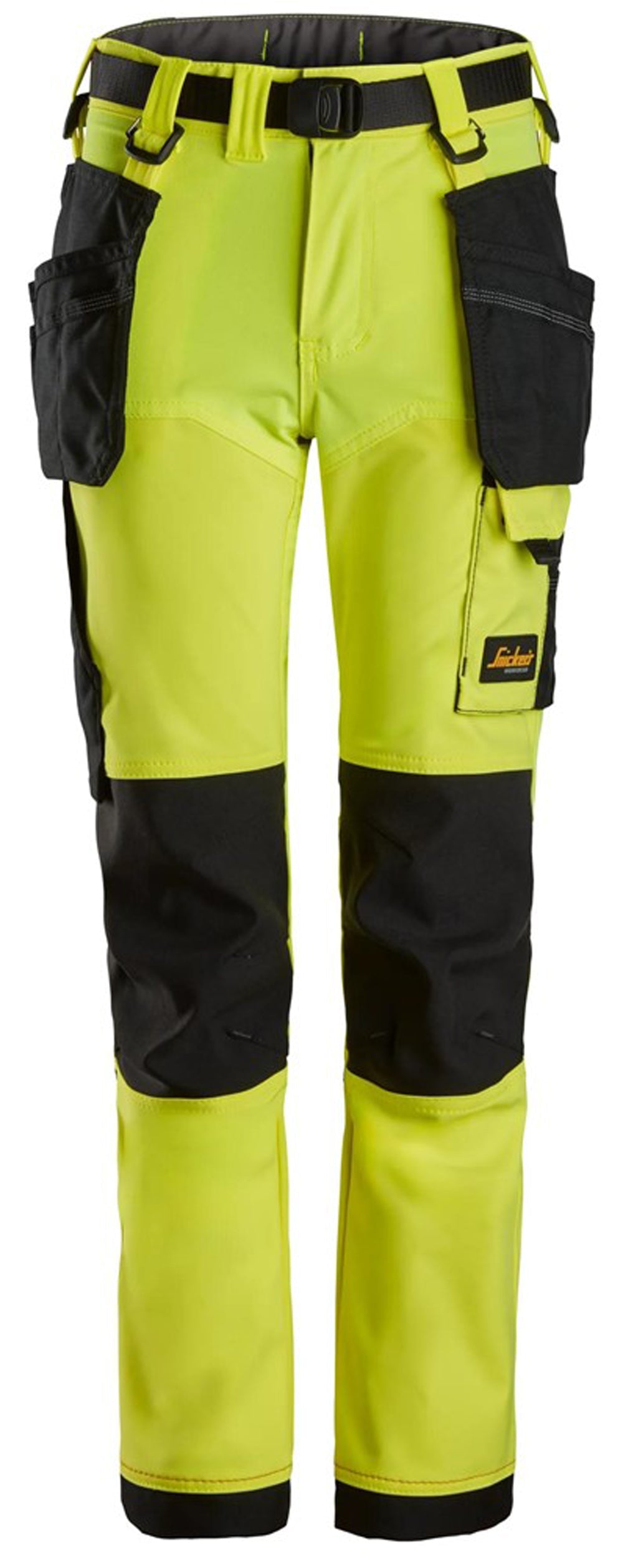 Junior 4-way stretch trousers in neon yellow with black knee panels and side pockets