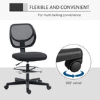 Black armless swivel standing desk chair with mesh back and padded seat, 360° swivel base