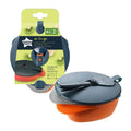 Baby feeding bowl set: two bowls with dark blue lids, orange bases, and spoon