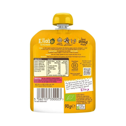 Back of baby food pouch, yellow smoothie fruit blend, 90g, barcode and nutrition text