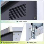 Black steel storage shelter side vents, corner brackets, and door bolt hardware close-up