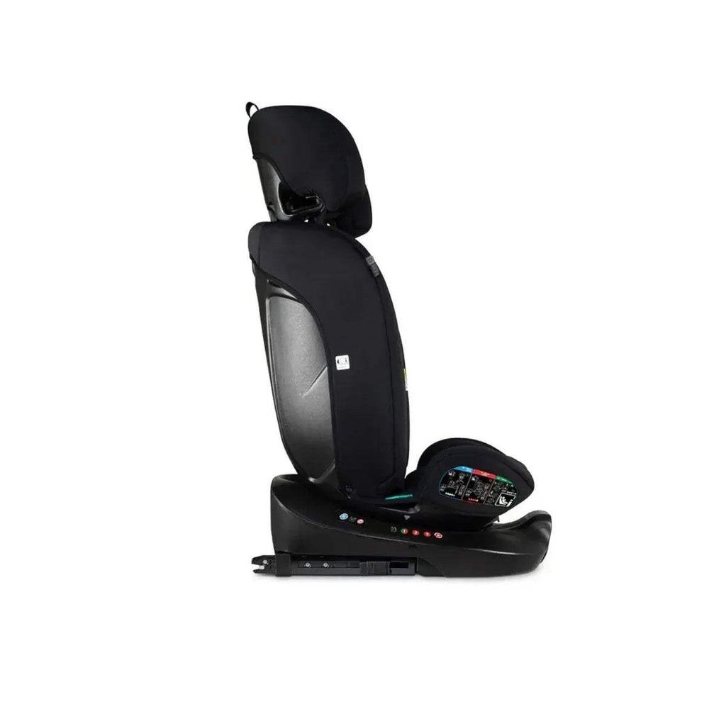 Cosatto i-Size 360 car seat profile view, black seat with white dog print headrest