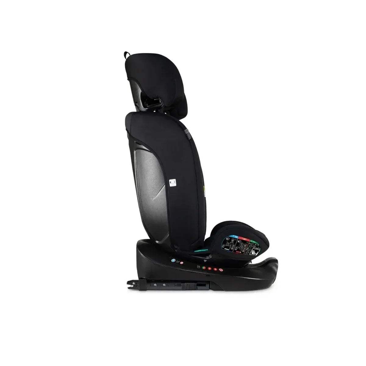 Cosatto i-Size 360 car seat profile view, black seat with white dog print headrest