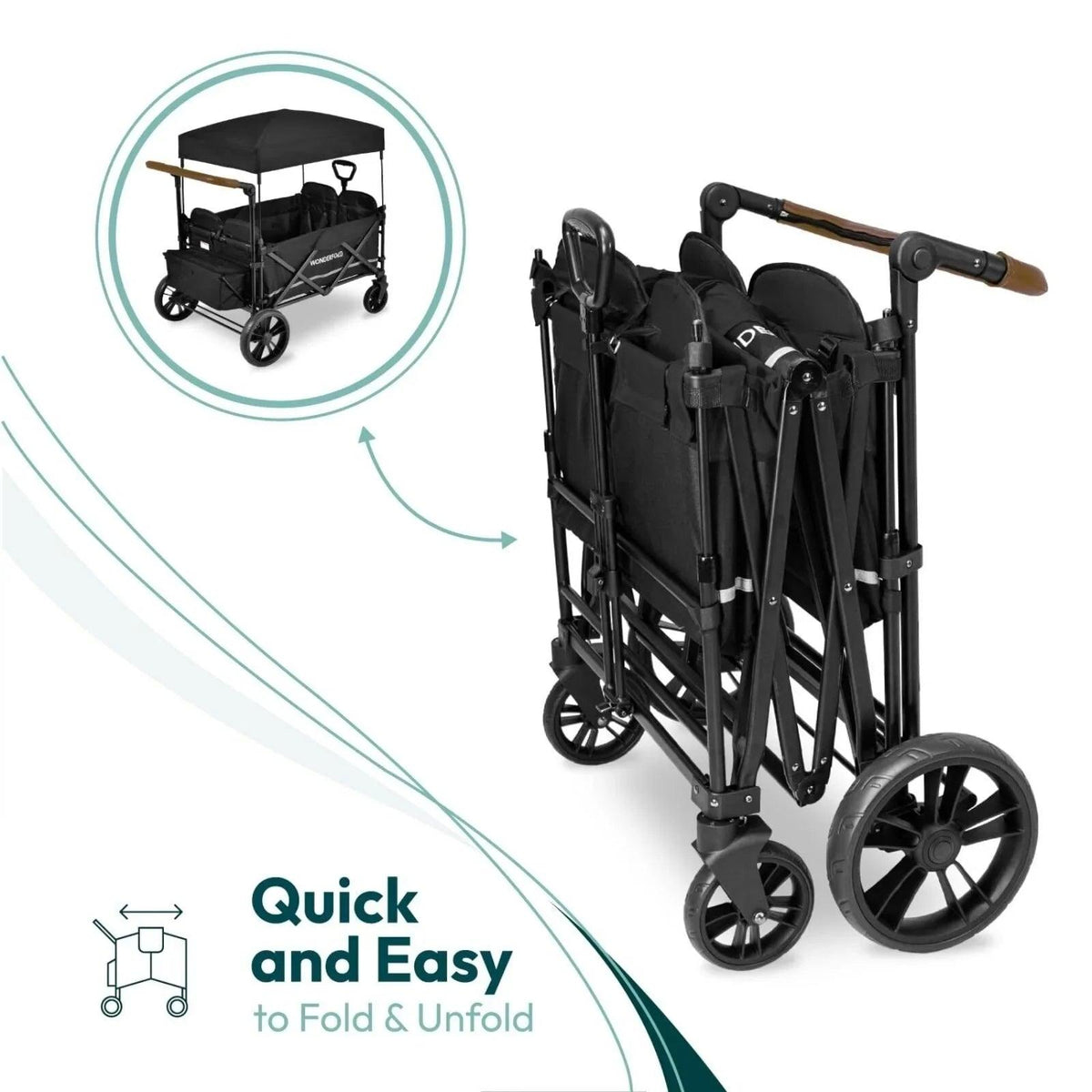 Black quad stroller wagon folded for storage, compact frame with large wheels