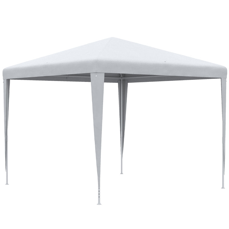 White outdoor gazebo canopy tent with four corner poles and peaked roof